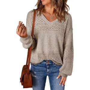 image:imageSHEWIN Womens Sweaters Casual Long Sleeve V Neck Crewneck Lightweight Crochet Pullover Sweater TopsA Brown
