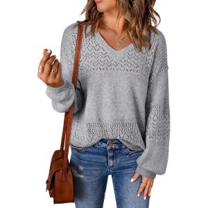 image:imageSHEWIN Womens Sweaters Casual Long Sleeve V Neck Crewneck Lightweight Crochet Pullover Sweater TopsA Gray
