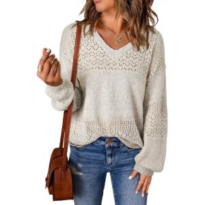 image:imageSHEWIN Womens Sweaters Casual Long Sleeve V Neck Crewneck Lightweight Crochet Pullover Sweater TopsA White