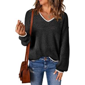 image:imageSHEWIN Womens Sweaters Casual Long Sleeve V Neck Crewneck Lightweight Crochet Pullover Sweater TopsB Black White