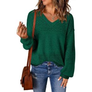 image:imageSHEWIN Womens Sweaters Casual Long Sleeve V Neck Crewneck Lightweight Crochet Pullover Sweater TopsB Blackish Green