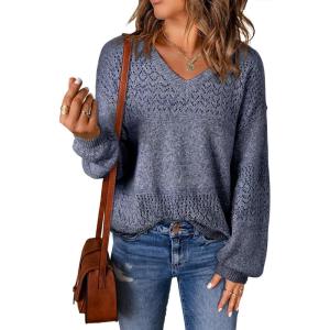 image:imageSHEWIN Womens Sweaters Casual Long Sleeve V Neck Crewneck Lightweight Crochet Pullover Sweater TopsB Blue