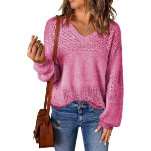 image:imageSHEWIN Womens Sweaters Casual Long Sleeve V Neck Crewneck Lightweight Crochet Pullover Sweater TopsB Bonbon