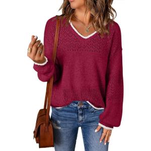 image:imageSHEWIN Womens Sweaters Casual Long Sleeve V Neck Crewneck Lightweight Crochet Pullover Sweater TopsB Burgundy