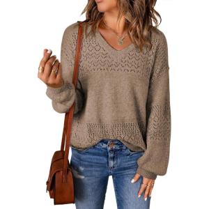 image:imageSHEWIN Womens Sweaters Casual Long Sleeve V Neck Crewneck Lightweight Crochet Pullover Sweater TopsB Camel