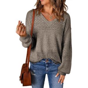 image:imageSHEWIN Womens Sweaters Casual Long Sleeve V Neck Crewneck Lightweight Crochet Pullover Sweater TopsB Chestnut