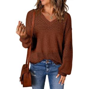 image:imageSHEWIN Womens Sweaters Casual Long Sleeve V Neck Crewneck Lightweight Crochet Pullover Sweater TopsB Coffee