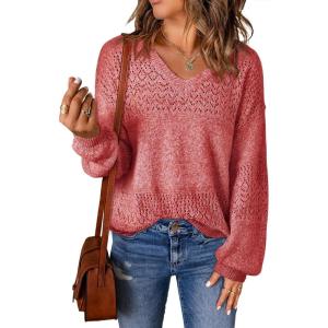 image:imageSHEWIN Womens Sweaters Casual Long Sleeve V Neck Crewneck Lightweight Crochet Pullover Sweater TopsB Coral