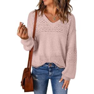 image:imageSHEWIN Womens Sweaters Casual Long Sleeve V Neck Crewneck Lightweight Crochet Pullover Sweater TopsB Dusty Pink