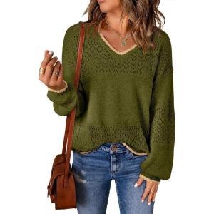 image:imageSHEWIN Womens Sweaters Casual Long Sleeve V Neck Crewneck Lightweight Crochet Pullover Sweater TopsB Fern Green