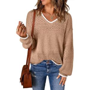 image:imageSHEWIN Womens Sweaters Casual Long Sleeve V Neck Crewneck Lightweight Crochet Pullover Sweater TopsB Light French Beige
