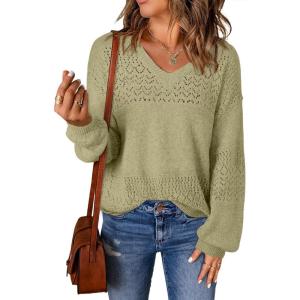 image:imageSHEWIN Womens Sweaters Casual Long Sleeve V Neck Crewneck Lightweight Crochet Pullover Sweater TopsB Meadow Mist Green