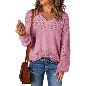image:imageSHEWIN Womens Sweaters Casual Long Sleeve V Neck Crewneck Lightweight Crochet Pullover Sweater TopsB Pink