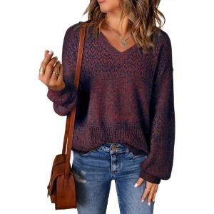 image:imageSHEWIN Womens Sweaters Casual Long Sleeve V Neck Crewneck Lightweight Crochet Pullover Sweater TopsB Red Dahlia