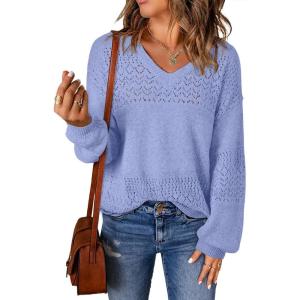 image:imageSHEWIN Womens Sweaters Casual Long Sleeve V Neck Crewneck Lightweight Crochet Pullover Sweater TopsB Sky Blue