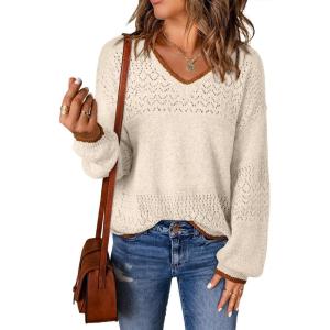 image:imageSHEWIN Womens Sweaters Casual Long Sleeve V Neck Crewneck Lightweight Crochet Pullover Sweater TopsB White Brown