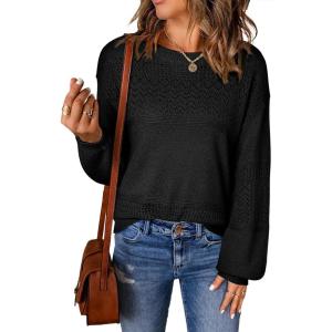 image:imageSHEWIN Womens Sweaters Casual Long Sleeve V Neck Crewneck Lightweight Crochet Pullover Sweater TopsC Crewneck Black