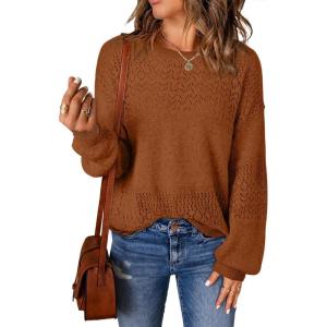 image:imageSHEWIN Womens Sweaters Casual Long Sleeve V Neck Crewneck Lightweight Crochet Pullover Sweater TopsC Crewneck Chestnut