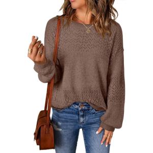 image:imageSHEWIN Womens Sweaters Casual Long Sleeve V Neck Crewneck Lightweight Crochet Pullover Sweater TopsC Crewneck Dark Khaki