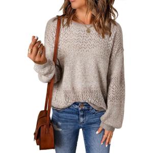 image:imageSHEWIN Womens Sweaters Casual Long Sleeve V Neck Crewneck Lightweight Crochet Pullover Sweater TopsC Crewneck Goat