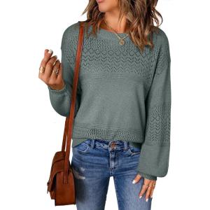 image:imageSHEWIN Womens Sweaters Casual Long Sleeve V Neck Crewneck Lightweight Crochet Pullover Sweater TopsC Crewneck Green Bay