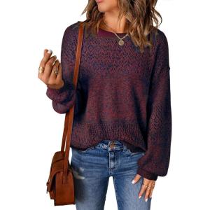 image:imageSHEWIN Womens Sweaters Casual Long Sleeve V Neck Crewneck Lightweight Crochet Pullover Sweater TopsC Crewneck Navy Blue