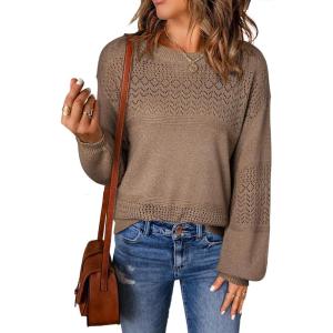 image:imageSHEWIN Womens Sweaters Casual Long Sleeve V Neck Crewneck Lightweight Crochet Pullover Sweater TopsC Crewneck Parchment