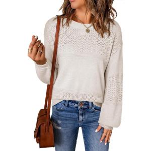 image:imageSHEWIN Womens Sweaters Casual Long Sleeve V Neck Crewneck Lightweight Crochet Pullover Sweater TopsC Crewneck White