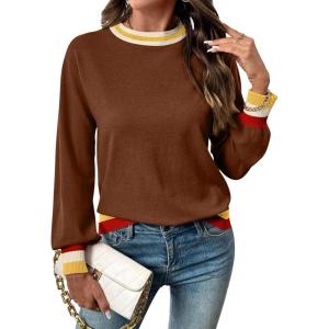 image:imageSHEWIN Womens Sweaters Crew Neck Long Sleeve Tops Knit Color Block Fall Outfits for Women 2026Coffee