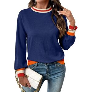 image:imageSHEWIN Womens Sweaters Crew Neck Long Sleeve Tops Knit Color Block Fall Outfits for Women 2026Navy Blue