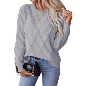 image:imageSHEWIN Womens Sweaters Crewneck Cable Knit Sweater Long Sleeve Fall Tops for Women 2026Gray
