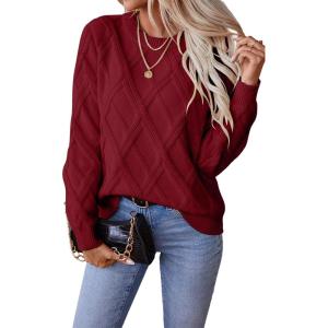 image:imageSHEWIN Womens Sweaters Crewneck Cable Knit Sweater Long Sleeve Fall Tops for Women 2026Red Dahlia