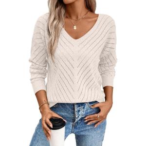 image:imageSHEWIN Womens Sweaters V Neck Long Sleeve Shirts Knit Hollow Out Crochet Sweater Fall Outfits for Women 2026Beige