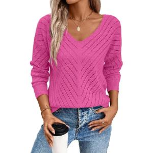 image:imageSHEWIN Womens Sweaters V Neck Long Sleeve Shirts Knit Hollow Out Crochet Sweater Fall Outfits for Women 2026Bright Pink