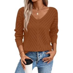 image:imageSHEWIN Womens Sweaters V Neck Long Sleeve Shirts Knit Hollow Out Crochet Sweater Fall Outfits for Women 2026Camel