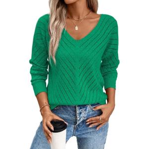 image:imageSHEWIN Womens Sweaters V Neck Long Sleeve Shirts Knit Hollow Out Crochet Sweater Fall Outfits for Women 2026Dark Green