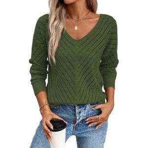 image:imageSHEWIN Womens Sweaters V Neck Long Sleeve Shirts Knit Hollow Out Crochet Sweater Fall Outfits for Women 2026Four Leaf Clover