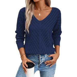 image:imageSHEWIN Womens Sweaters V Neck Long Sleeve Shirts Knit Hollow Out Crochet Sweater Fall Outfits for Women 2026Navy Blue
