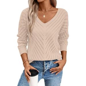 image:imageSHEWIN Womens Sweaters V Neck Long Sleeve Shirts Knit Hollow Out Crochet Sweater Fall Outfits for Women 2026Oatmeal
