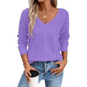 image:imageSHEWIN Womens Sweaters V Neck Long Sleeve Shirts Knit Hollow Out Crochet Sweater Fall Outfits for Women 2026Phalaenopsis