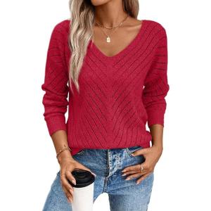 image:imageSHEWIN Womens Sweaters V Neck Long Sleeve Shirts Knit Hollow Out Crochet Sweater Fall Outfits for Women 2026Racing Red
