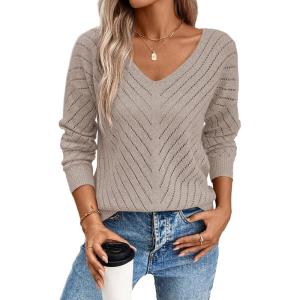 image:imageSHEWIN Womens Sweaters V Neck Long Sleeve Shirts Knit Hollow Out Crochet Sweater Fall Outfits for Women 2026Smoke Gray