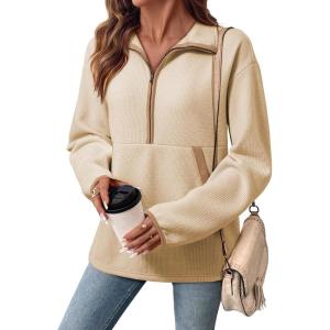 image:imageSHEWIN Womens Sweatshirt Lightweight Mock Neck Sweatshirts for Women Half Zip Pullover Fall Clothes for Women 2026Beige