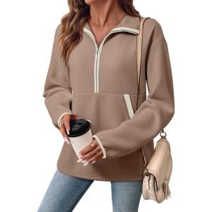 image:imageSHEWIN Womens Sweatshirt Lightweight Mock Neck Sweatshirts for Women Half Zip Pullover Fall Clothes for Women 2026Light French Beige