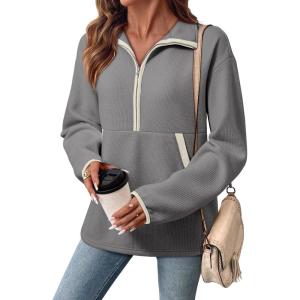 image:imageSHEWIN Womens Sweatshirt Lightweight Mock Neck Sweatshirts for Women Half Zip Pullover Fall Clothes for Women 2026Medium Grey