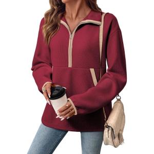 image:imageSHEWIN Womens Sweatshirt Lightweight Mock Neck Sweatshirts for Women Half Zip Pullover Fall Clothes for Women 2026Red Dahlia