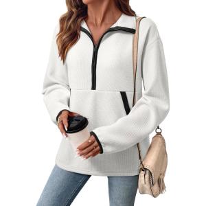 image:imageSHEWIN Womens Sweatshirt Lightweight Mock Neck Sweatshirts for Women Half Zip Pullover Fall Clothes for Women 2026White With Black Edge