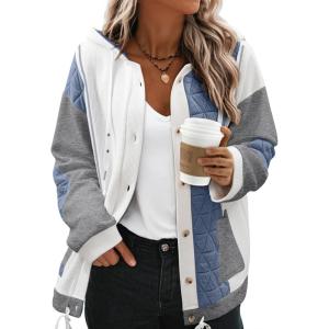 image:imageSHEWIN Womens Waffle Knit Shacket Lightweight Button Down Shirt Quilted Textured Patchwork Hooded Drawstring Jacket