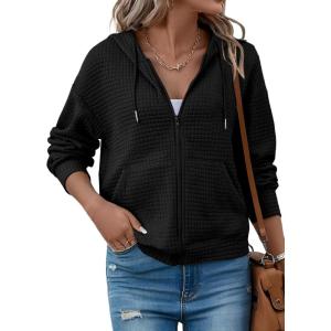 image:imageSHEWIN Womens Zip Up Hoodies Oversized Sweatshirt Fall Fashion Outfits 2026 Casual Waffle Hooded JacketsBlack