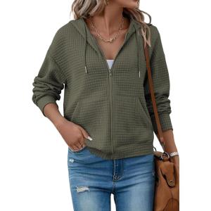 image:imageSHEWIN Womens Zip Up Hoodies Oversized Sweatshirt Fall Fashion Outfits 2026 Casual Waffle Hooded JacketsGreen
